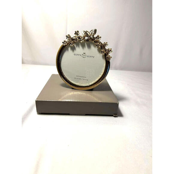 Other - Gifty Gifty Gold Round Picture Frame 4x4 Floral Butterfly Design New in Box